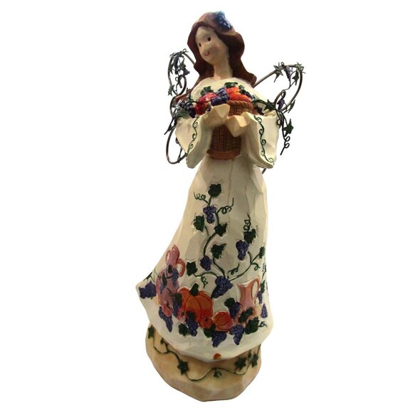 Autumn Angel Carved Wood Look Resin Metal Wings Fall Basket Cornucopia GUC - Picture 2 of 16